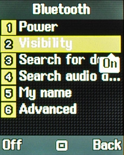 Scroll to Visability and press the Navigation key.Depending on the current setting, Bluetooth is turned on or off.