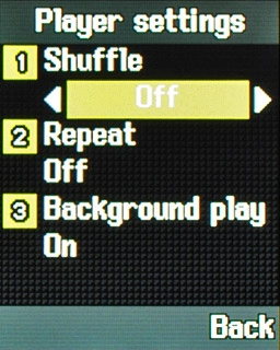Highlight the field below Shuffle and press Navigation key right to select On or Off.