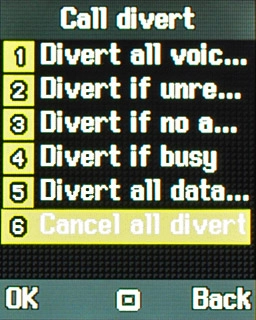Scroll to Cancel all diverts and press the Navigation key.A request to cancel all diverts is sent to the network.