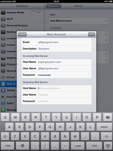 Press Host Name below Outgoing Mail Server and key in the name or IP address of your email provider's outgoing server.Please note that if you can't send email messages when using your email provider's outgoing server, key in smtp.vodafone.net.au (Vodafone's outgoing server).
