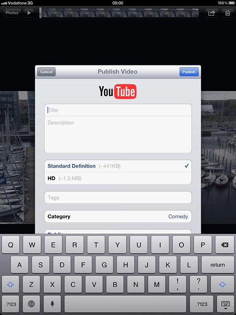 Before you can upload the video clip, you need to fill in the following: Title, Description, Tags and Category.Follow the instructions on the display to add the required information.
