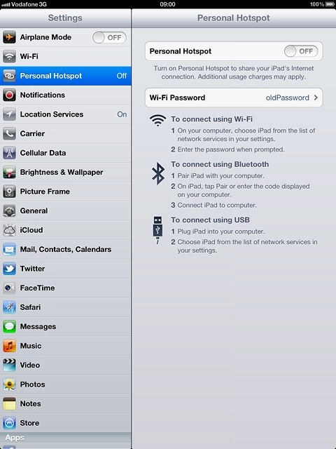 Press the indicator next to Personal Hotspot to turn on tethering.
