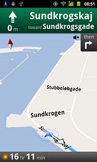 The navigation window with information about your route is displayed.The next turn and the next route detail are displayed at the top of the display.