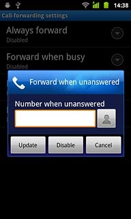Press Disable.A request to cancel the divert is sent to the network.Repeat until all diverts have been cancelled.