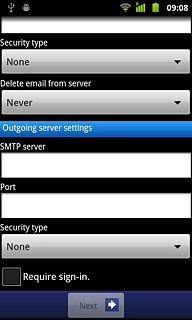 If you turn on SMTP authentication:Follow the instructions on the display to key in the username and password for your email account.Please note that if you're using Vodafone's outgoing server, turn off SMTP authentication and leave the username and password fields empty.Press Next.