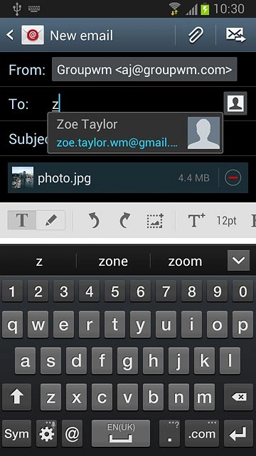 Press the required contact.Write subject and text for your email message.
