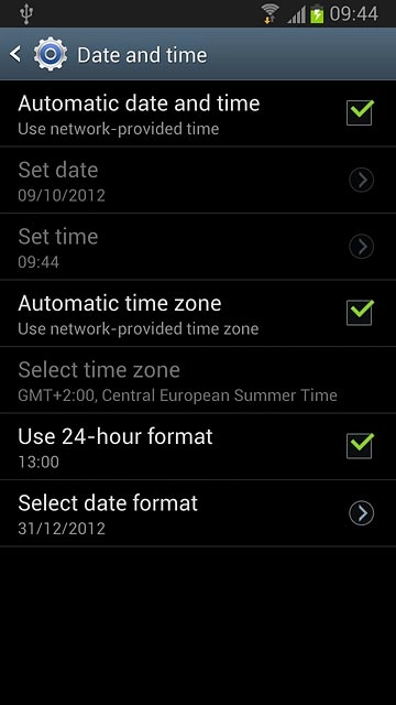 Press Automatic date and time to turn the function on or off.