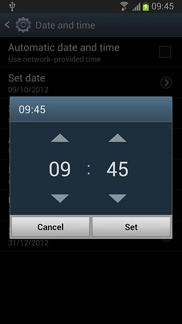 Press arrow up or arrow down next to hours and minutes to set the time.