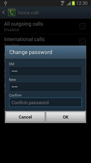 Press Confirm password and key in the new barring password again.