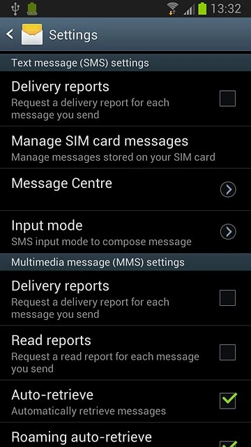 Press Delivery reports below Text message (SMS) settings to turn the function on or off.