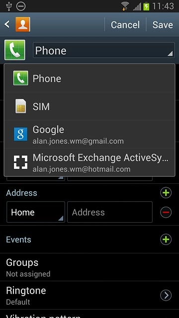 Press Phone, SIM or the required email account.
