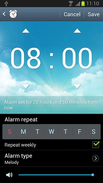 Press the volume indicator below Alarm type and drag it to the required setting.