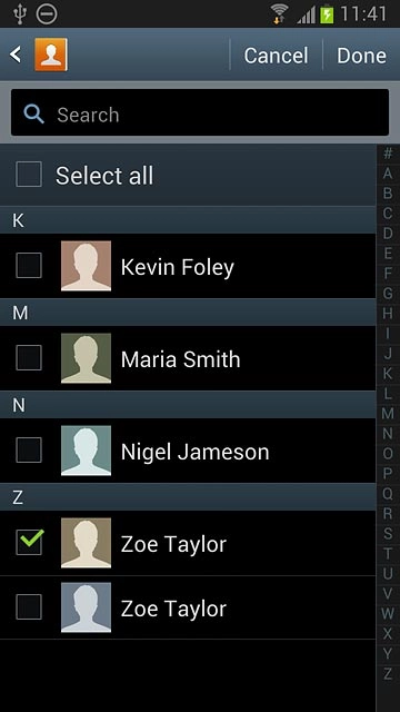 When the box next to a contact is ticked (V), the contact is selected.