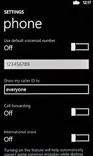 Press the indicator next to Use default voicemail number.Depending on the current setting, use of default voicemail number is turned on or off.
