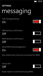 Press the indicator next to SMS delivery confirmation.Depending on the current setting, the function is turned on or off.