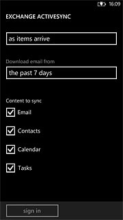 Press Email, Contacts, Calendar and Tasks to turn synchronisation of each data type on or off.