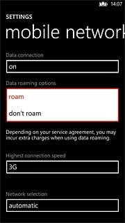 Press roam or don't roam to turn data roaming on or off.