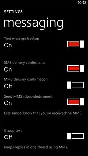 Press the indicator next to MMS delivery confirmation.Depending on the current setting, the function is turned on or off.