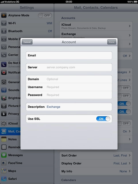 Press the indicator next to Use SSL.Depending on the current setting, security is turned on or off.