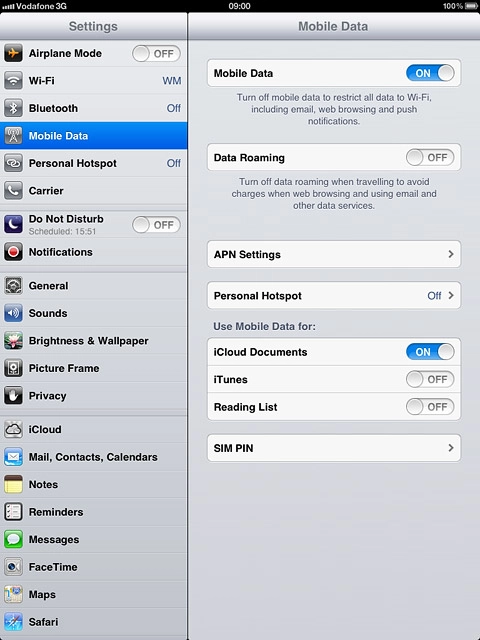 Press the indicator next to Data Roaming.Depending on the current setting, the function is turned on or off.