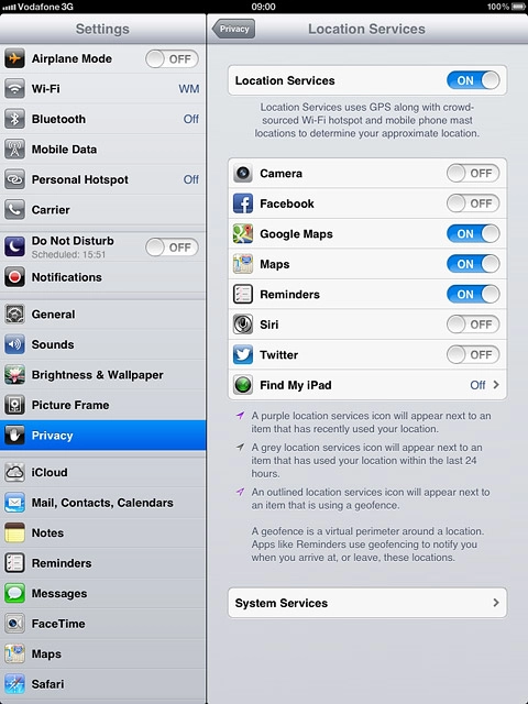 Press the indicator next to the required application to turn use of GPS for specific applications on or off.