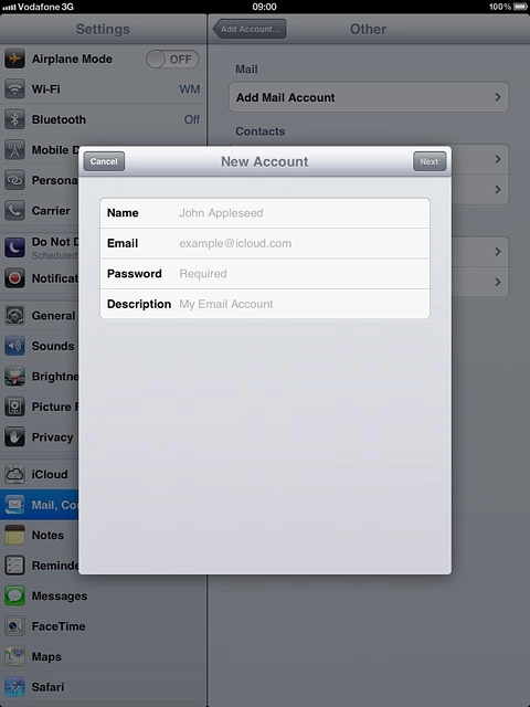 Press Name and key in the name you want to use as sender name in your email messages.