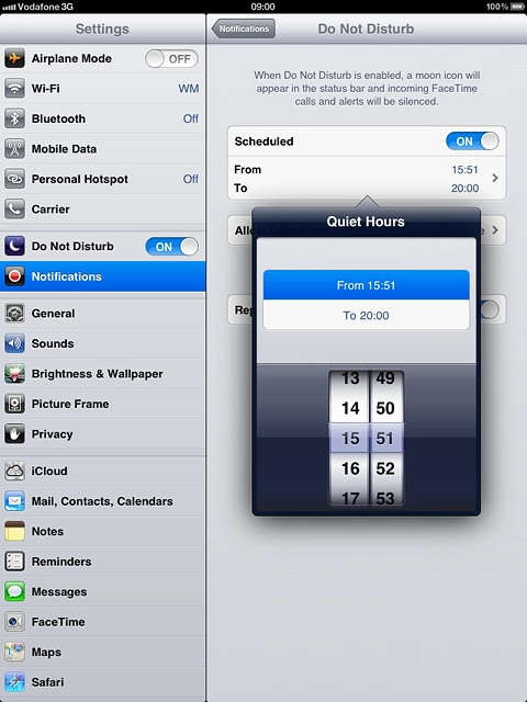 Drag the wheels to specify the period of time in which you don't want to be disturbed.