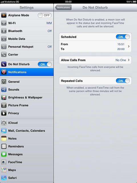 Press the indicator next to Repeated Calls.Depending on the current setting, the function is turned on or off.