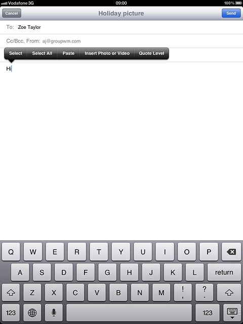 Press and hold anywhere on the text input field.Press Insert Photo or Video.