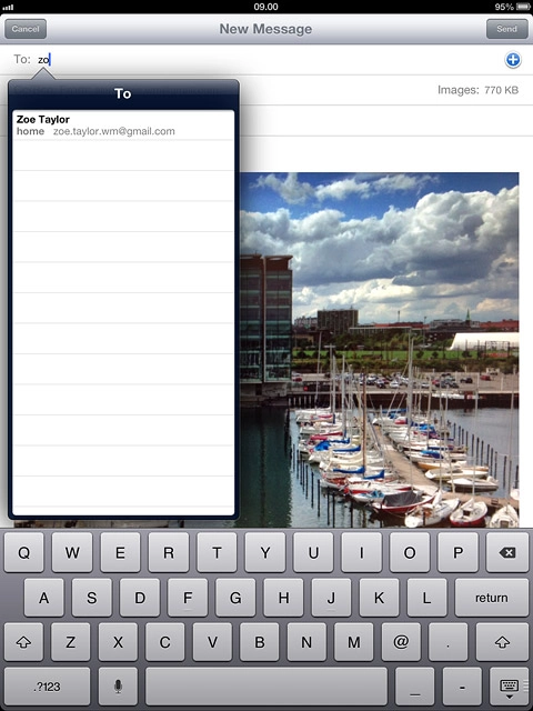 An email message containing the picture or video clip is created.Key in the first letters of the required contact.Matching contacts are displayed.Press the required contact.