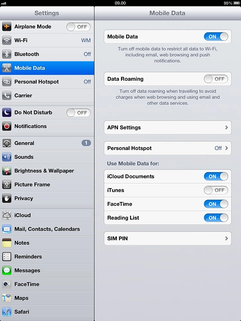 Press the indicator next to Data Roaming.Depending on the current setting, the function is turned on or off.