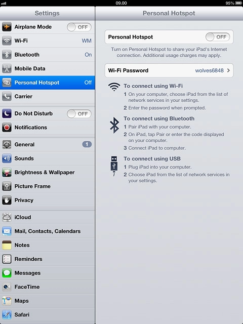 Press the indicator next to Personal Hotspot to turn on tethering.