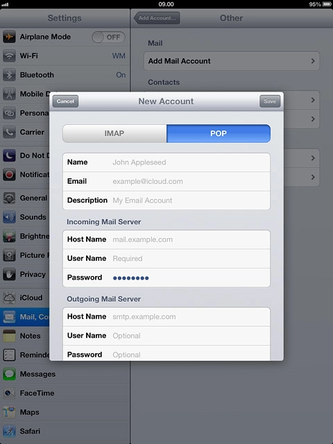 Press User Name below Outgoing Mail Server and key in the username for the outgoing server.