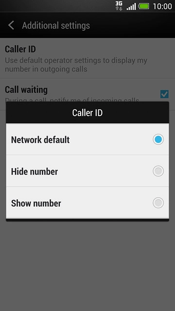 Press Network default, Hide number or Show number.