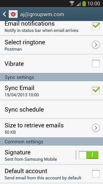 Press Default account to select the email account as your default account.