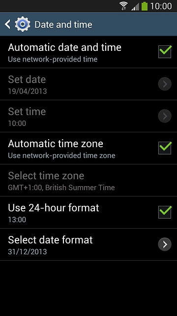 Press Automatic date and time until the function is turned on.