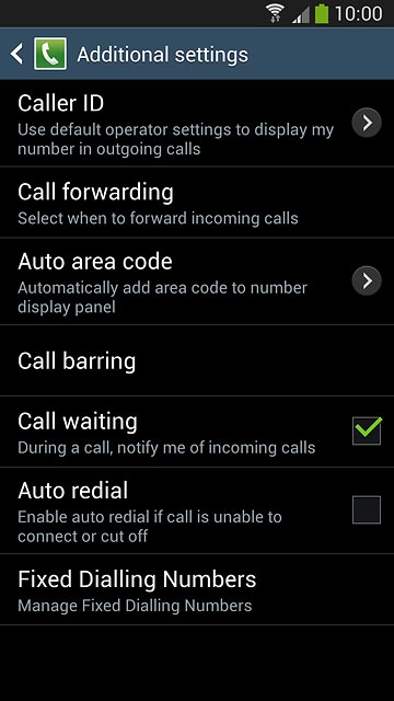 The current settings are displayed.Press Call waiting to turn the function on or off.