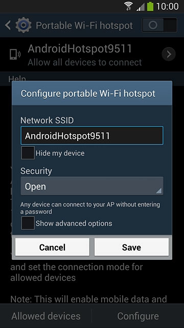 Key in the required name for the Wi-Fi hotspot.Press the drop down list below 