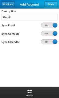 Press the indicator next to Sync Email, Sync Contacts and Sync Calendar to turn synchronisation of these data types on or off.