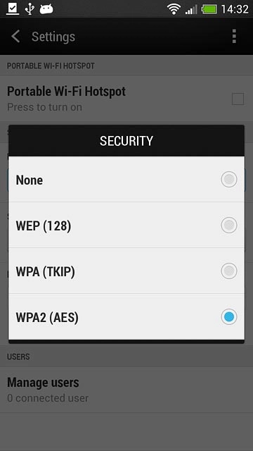 If you want to password protect your Wi-Fi hotspot:Press WPA2 (AES).