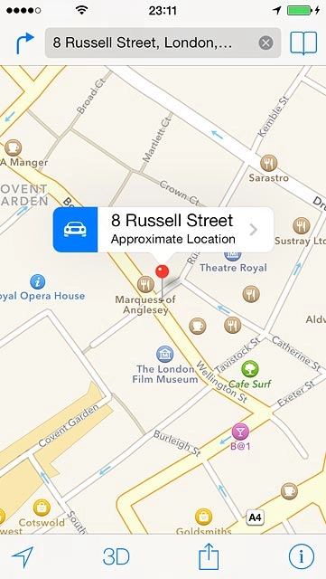 the selected destination is displayed as a point on the map.