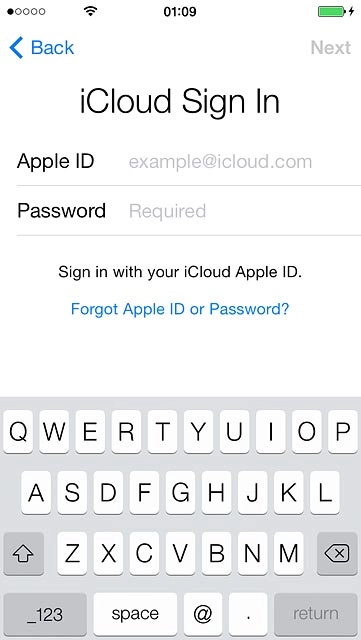 Press Apple ID and key in the username for your Apple ID.