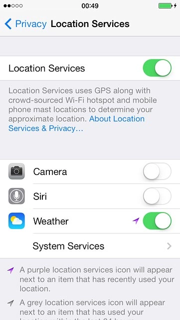 Press the indicator next to the required application to turn GPS usage for the required applications on or off.