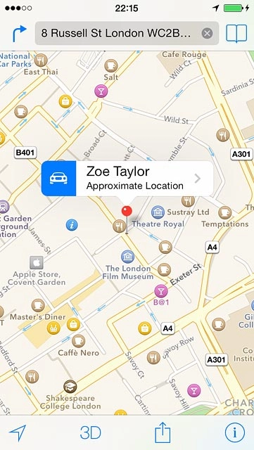 the selected destination is displayed as a point on the map.