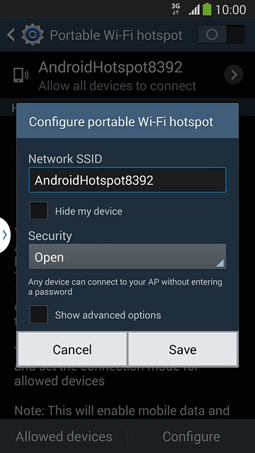 Key in the required name for the Wi-Fi hotspot.Press the drop down list below 