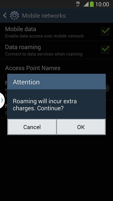 If you turn on data roaming:Press OK to confirm.