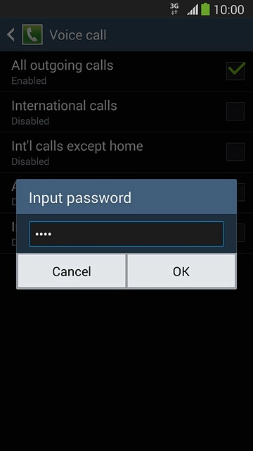 Key in your barring password (default is 0000) and press OK.Depending on the current setting, call barring is turned on or off.