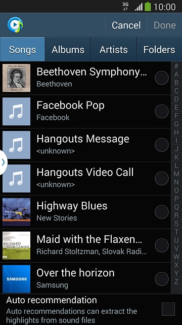 Go to the required folder.Press the different ring tones to listen to them.