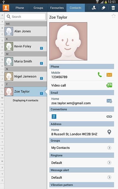 Press the required contact.The contact details are displayed.
