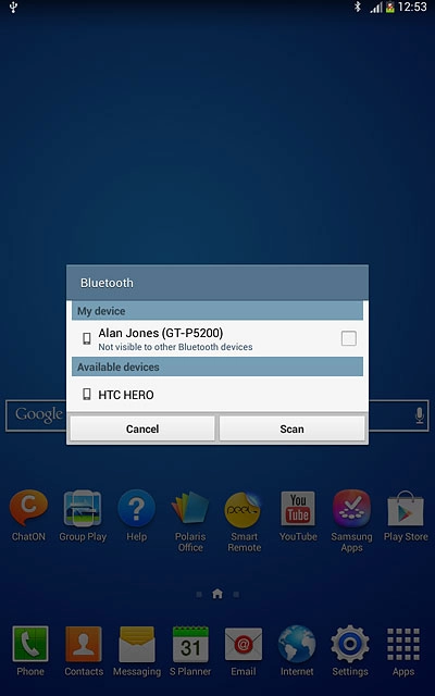 Your tablet searches for devices and after a moment, a list of Bluetooth devices within range is displayed.Press the required Bluetooth device.Follow the instructions on the display to pair the Bluetooth device with your tablet.The new device is displayed on the list of paired devices.